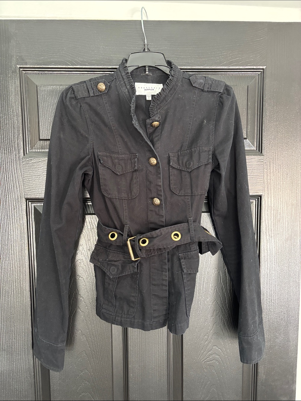 Black Cinched-Waist Utility Jacket with Gold Hardware